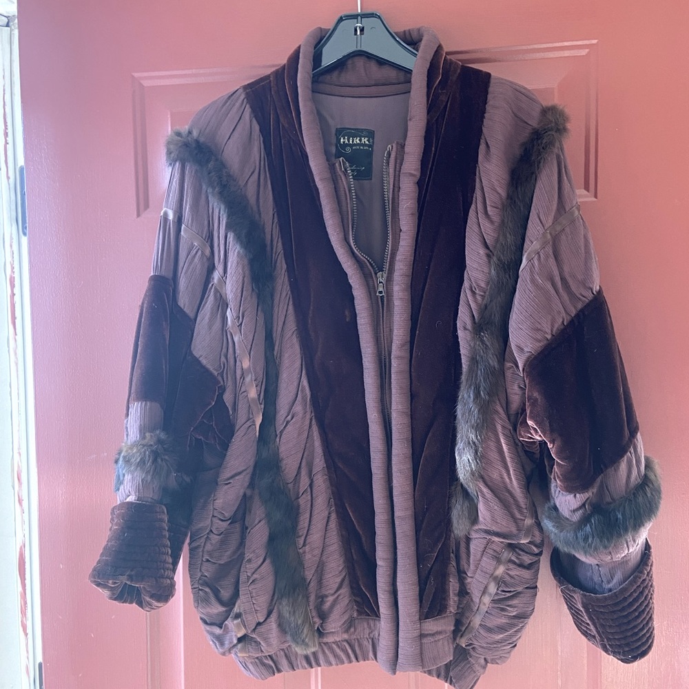 Chocolate Brown Velvet and rabbit fur on Nikki Crepe coat/jacket- size medium